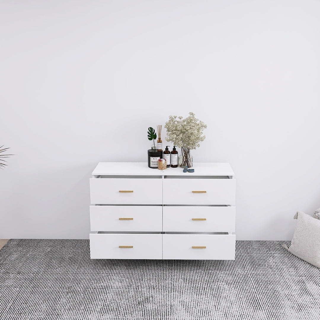 High Glossy Surface 6 Drawers Chest of Drawer with Golden Handle and Golden Steel Legs White Color Vanity