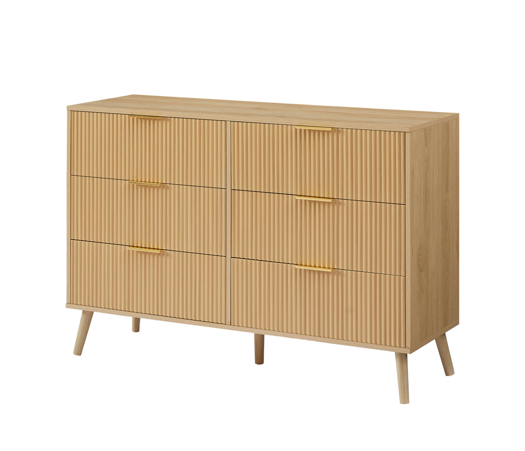 Bedroom Dresser, 6 Double Dressers with Wavy Drawers, Wooden Chest of Drawers for Children's Room, Living Room, Entrance and Hallway, Natural, 47.2''W x 15.8''D x 31.7''H.