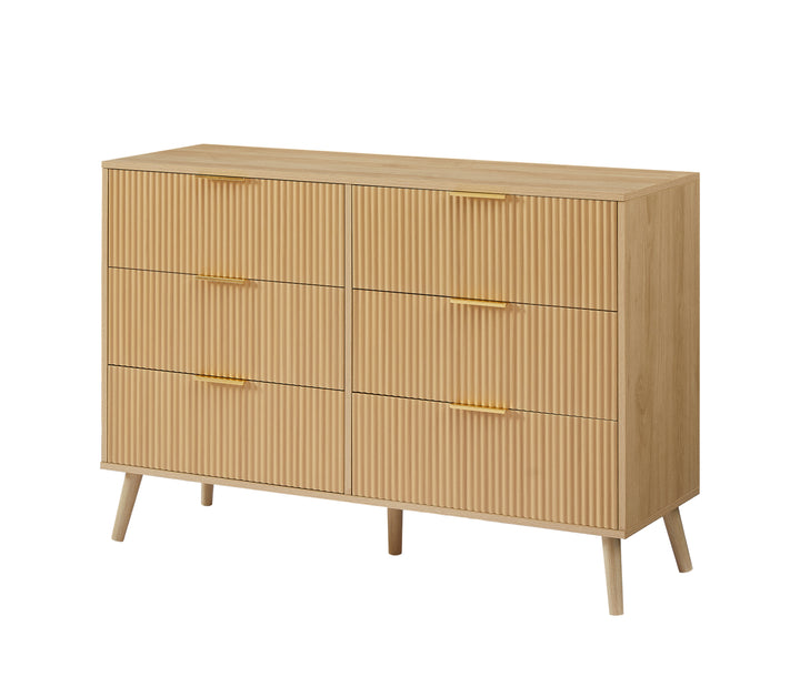 Bedroom Dresser, 6 Double Dressers with Wavy Drawers, Wooden Chest of Drawers for Children's Room, Living Room, Entrance and Hallway, Natural, 47.2''W x 15.8''D x 31.7''H.