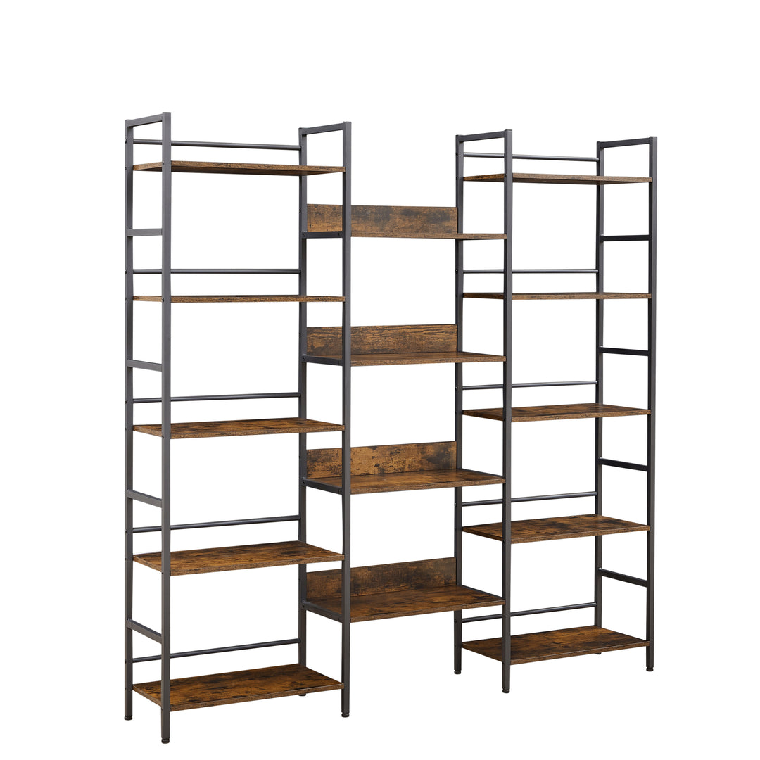 Triple Wide 5-shelf Bookshelves Industrial Retro Wooden Style Home and Office Large Open Bookshelves, Rustic Brown，69.3’’W x 11.8’’D x 70.1’’H