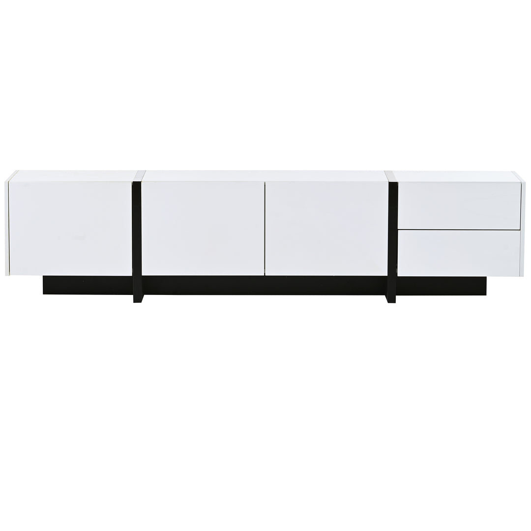 [VIDEO provided] ON-TREND White & Black Contemporary Rectangle Design TV Stand, Unique Style TV Console Table for TVs Up to 80'', Modern TV Cabinet with High Gloss UV Surface for Living Room.