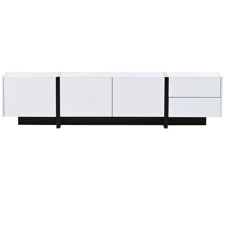 [VIDEO provided] ON-TREND White & Black Contemporary Rectangle Design TV Stand, Unique Style TV Console Table for TVs Up to 80'', Modern TV Cabinet with High Gloss UV Surface for Living Room.