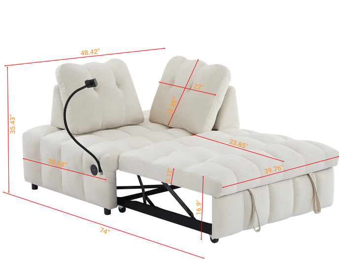 Modern sofa velvet pull-out bed,Independently removable backrest,  have USB port  and swivel phone stand ,beige