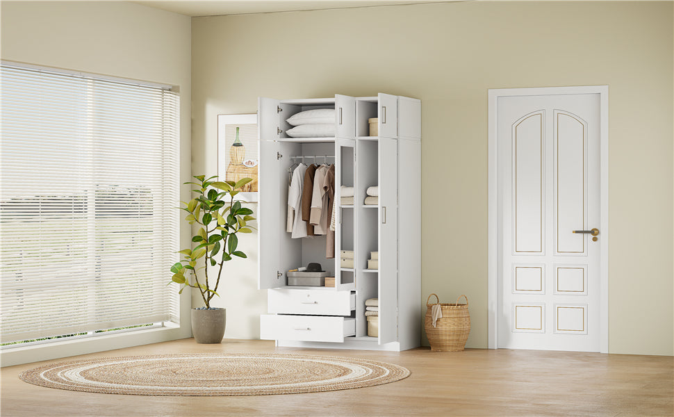 3-Door Mirror  Wardrobe with 2 Drawers and Top Cabinet,White