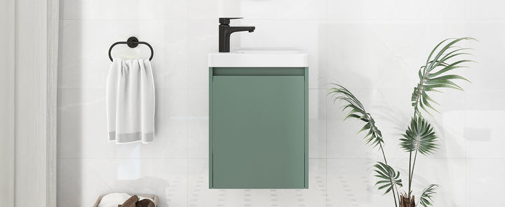 Elegant 16-Inch Green Bathroom Vanity Cabinet with Soft-Close Doors - Easy Assembly, Stylish Storage