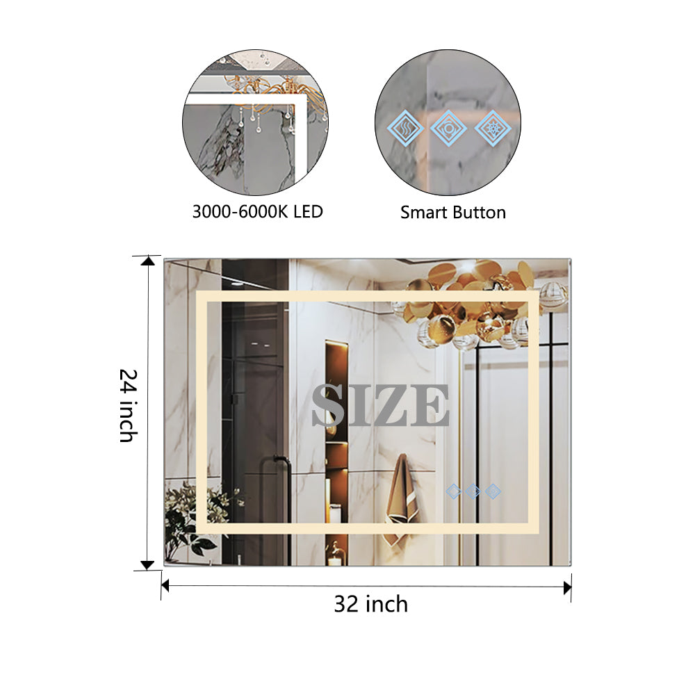 32x24inch Glossy Brushed Silver 3000-6000K LED Bathroom Mirror With Lights,Anti-Fog Dimmable Lighted Wall Mounted Vanity Mirror Master Bath Modern Makeup(Only mirrors, not cabinets)Horizontal&Vertical