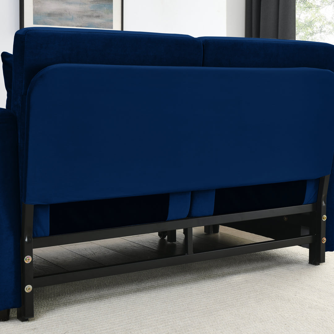 MH 54" Modern Convertible Sofa Bed with 2 Detachable Arm Pockets, Velvet Loveseat Multi-position adjustable Sofa with Pull Out Bed with Bedhead, 2 Pillows and Living Room, Blue