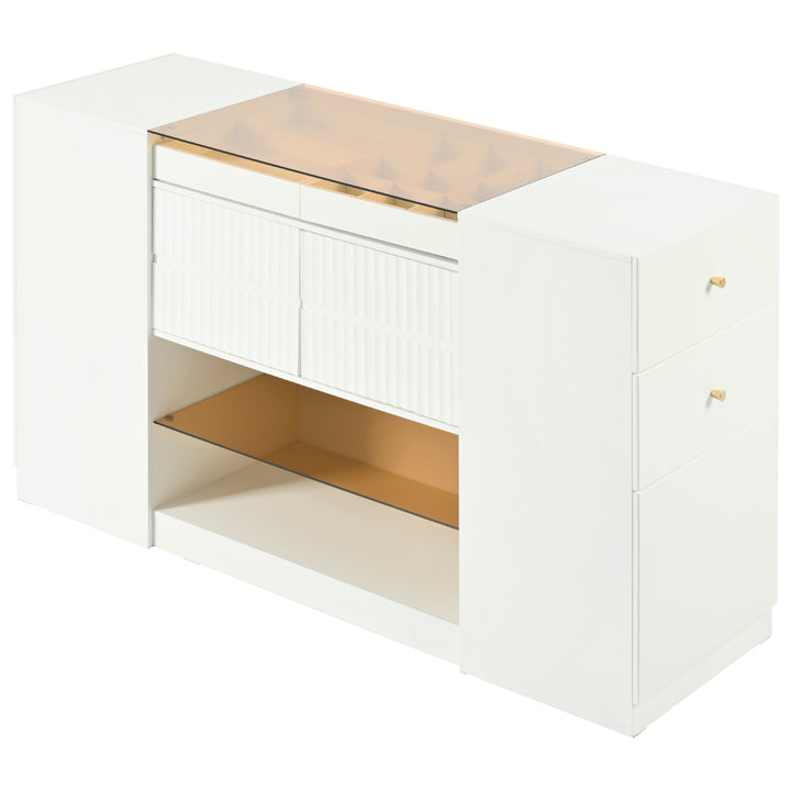 Modern Luxury Multi-Functional Island Vanity Dresser and Storage Cabinet with Glass Tabletop, Display Shelf,6 Drawers for Walk-in-Wardrobe and Bedroom