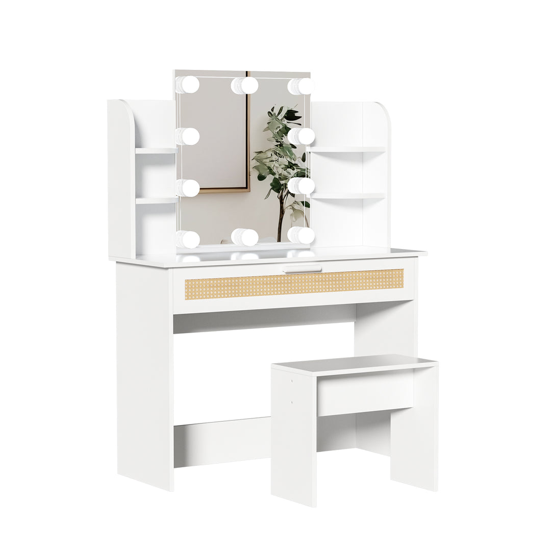 Vanity Desk Set Stool & Dressing Table with LED Lighting Mirror Drawer and Compartments Modern Wood Cosmetic Table Chest of Drawers White Color