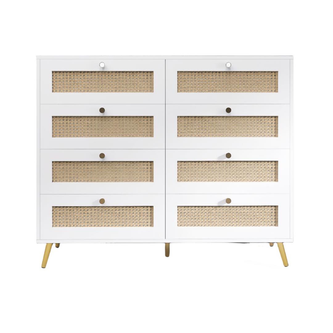 White Color 8 Drawers Chest of Drawers with Rattan Drawer Face Golden Legs and Handles