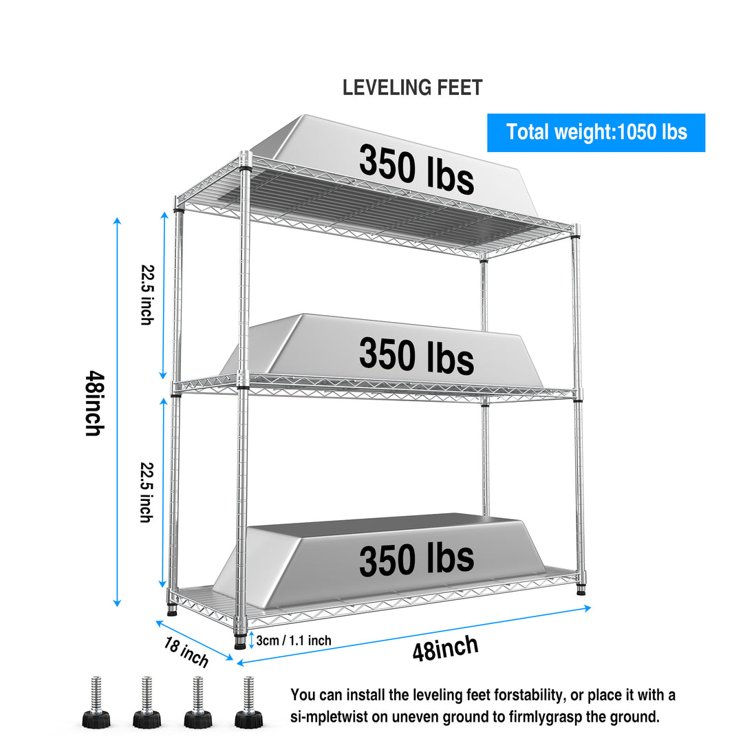 3 Tier Wire Shelving Unit, 1050 LBS NSF Height Adjustable Metal Garage Storage Shelves, Heavy Duty Storage Wire Rack Metal Shelves - Chrome