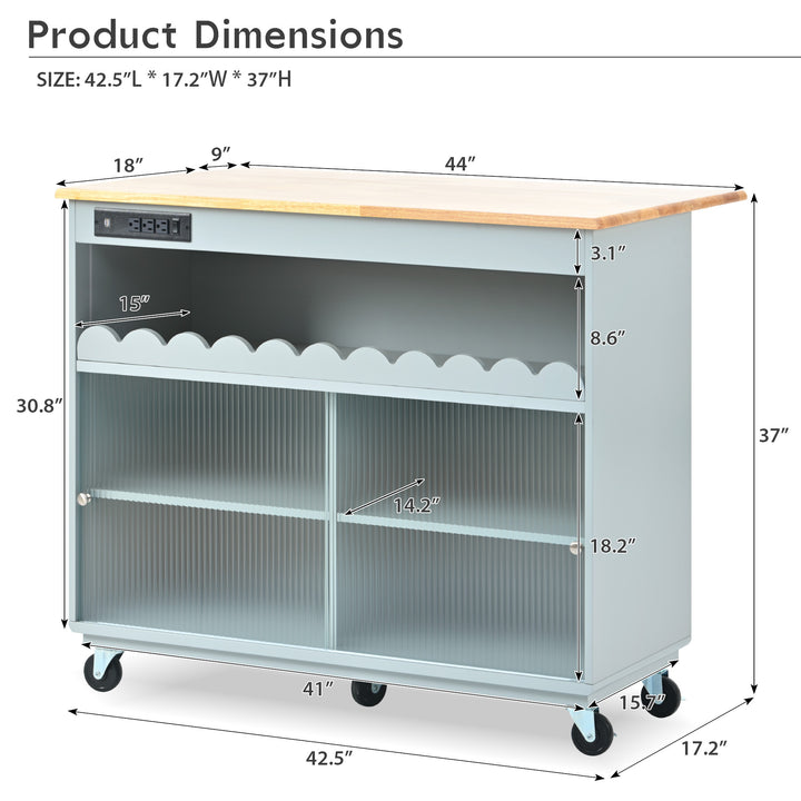 Kitchen Island with Drop Leaf, LED Light Kitchen Cart on Wheels with Power Outlets, 2 Sliding Fluted Glass Doors, Large Kitchen Island Cart with 2 Cabinet and 1 open Shelf (Grey Blue)