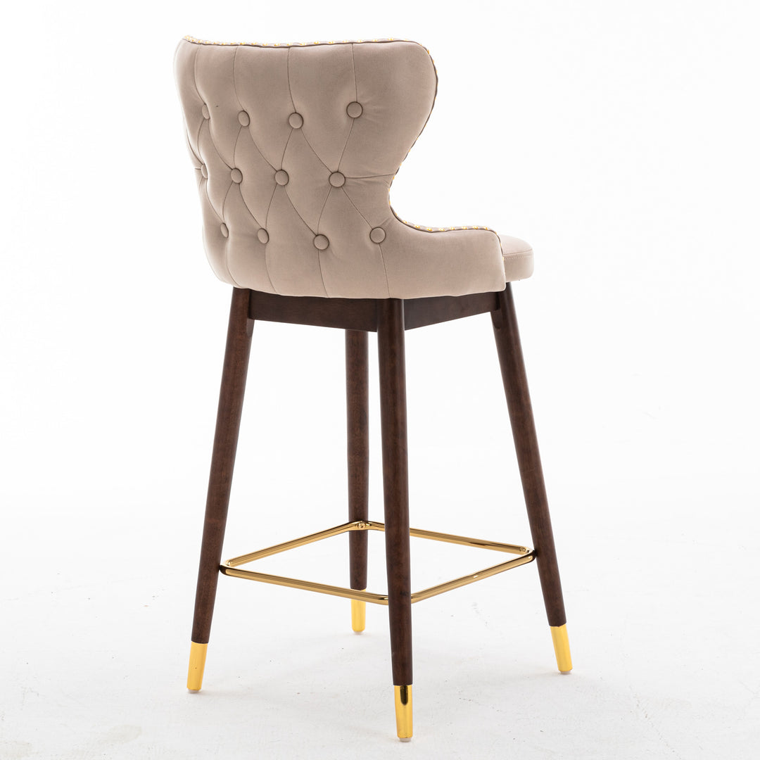 A&A Furniture,29.9" Modern Leathaire Fabric bar chairs, Tufted Gold Nailhead Trim Gold Decoration Bar stools,Set of 2 (Beige)