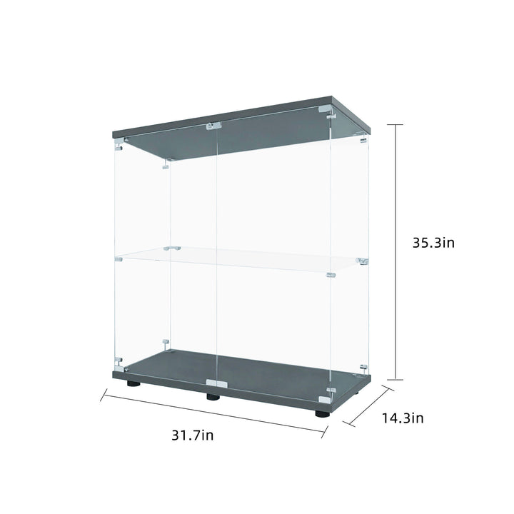 Two-door Glass Display Cabinet  2 Shelves with Door, Floor Standing Curio Bookshelf for Living Room Bedroom Office, 35.35” x 31.69”x 14.37”, Black