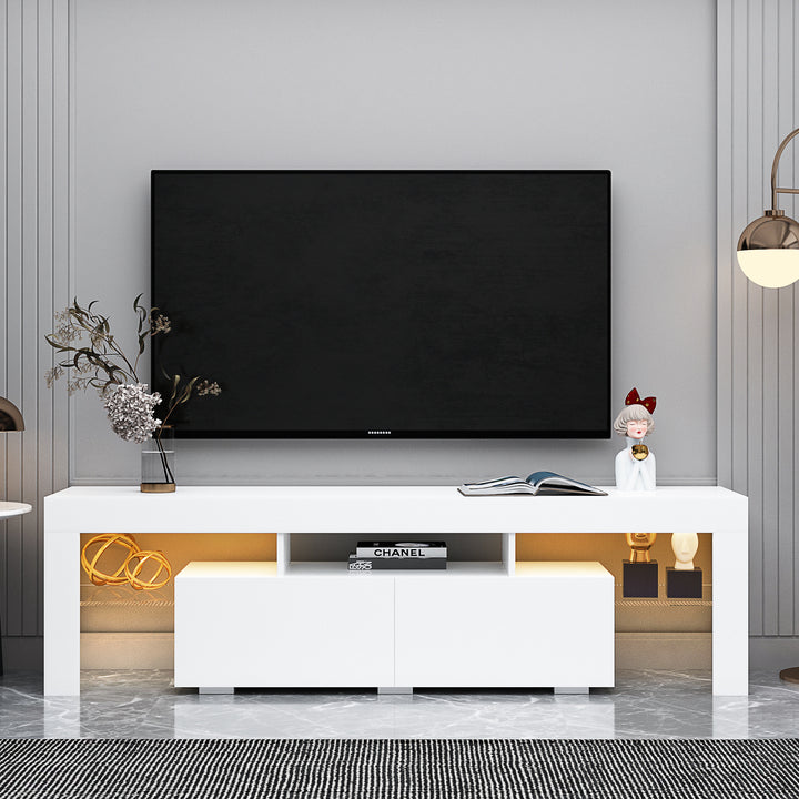 Modern White TV Stand, 20 Colors LED TV Stand w/Remote Control Lights