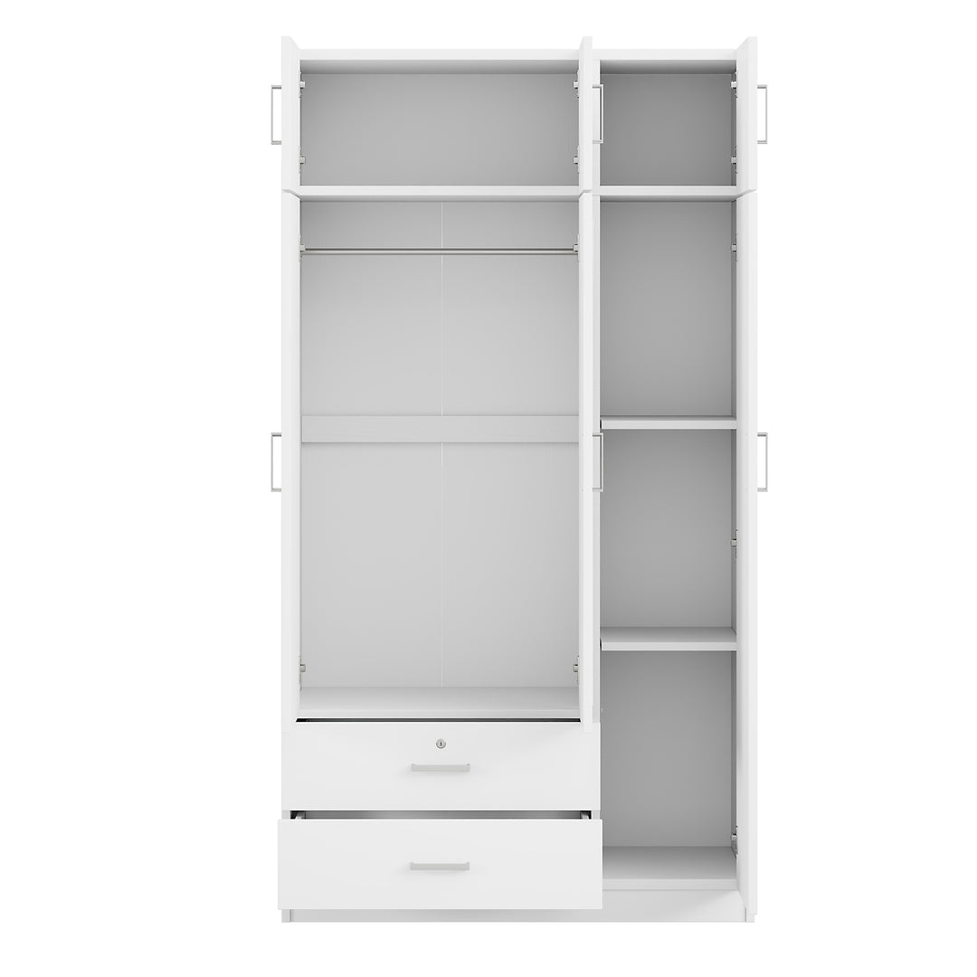 3-Door Mirror  Wardrobe with 2 Drawers and Top Cabinet,White