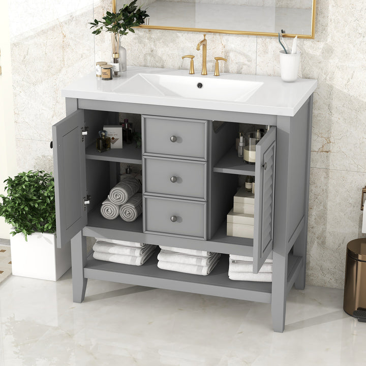 36" Bathroom Vanity with Ceramic Basin, Two Cabinets and Drawers, Open Shelf, Solid Wood Frame, Grey (OLD SKU: SY999101AAE)