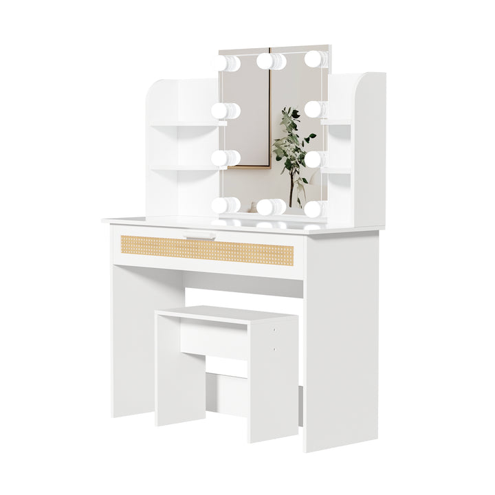 Vanity Desk Set Stool & Dressing Table with LED Lighting Mirror Drawer and Compartments Modern Wood Cosmetic Table Chest of Drawers White Color