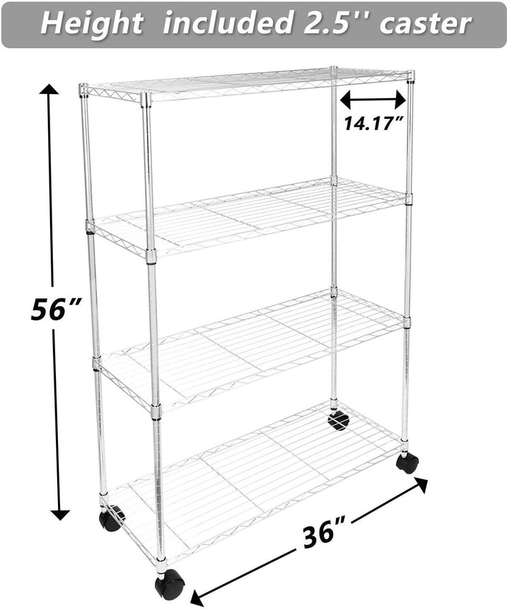 Simple Deluxe Heavy Duty 4-Shelf Shelving Unit with Wheel and Adjustable Feet, 36''(L) x14''(W) x54''(H), Chrome