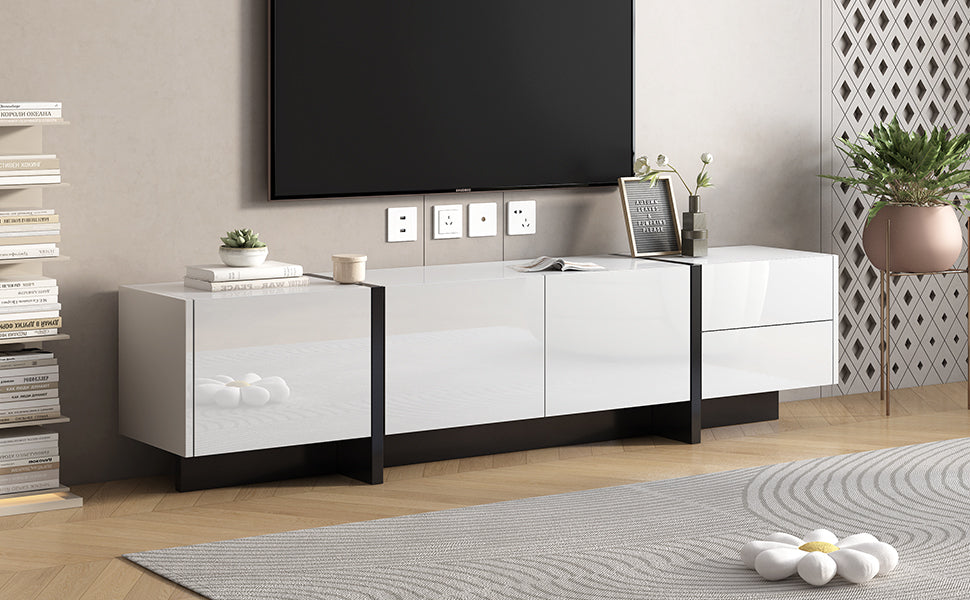 [VIDEO provided] ON-TREND White & Black Contemporary Rectangle Design TV Stand, Unique Style TV Console Table for TVs Up to 80'', Modern TV Cabinet with High Gloss UV Surface for Living Room.