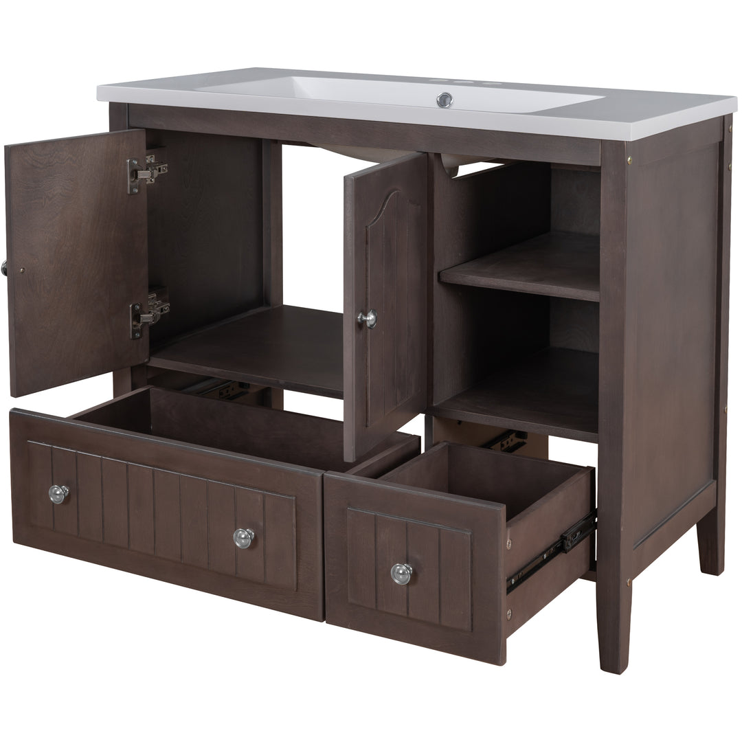 [VIDEO] 36" Bathroom Vanity with Ceramic Basin, Bathroom Storage Cabinet with Two Doors and Drawers, Solid Frame, Metal Handles, Brown (OLD SKU: JL000003AAD)