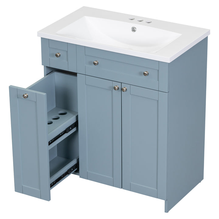 Modern 30-Inch Bathroom Vanity Cabinet with Easy-to-Clean Resin Integrated Sink in Blue