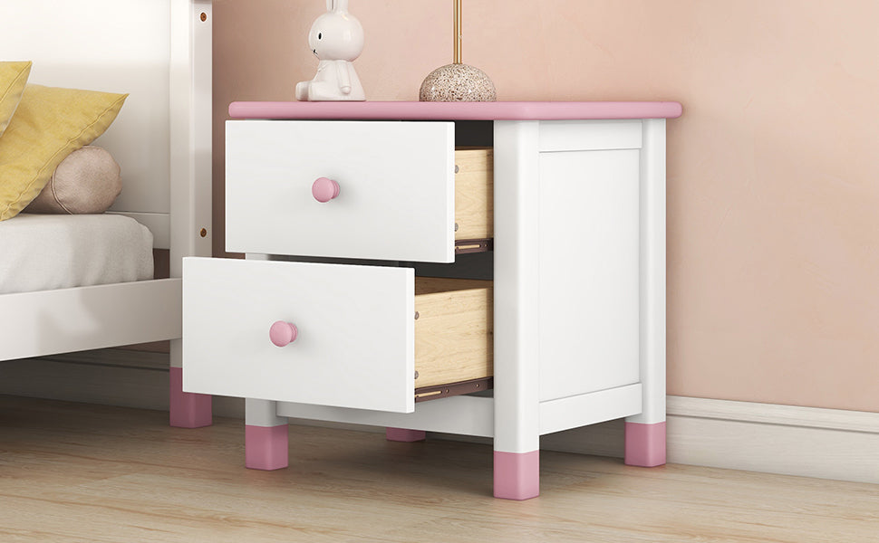 Wooden Nightstand with Two Drawers for Kids,End Table for Bedroom,White+Pink