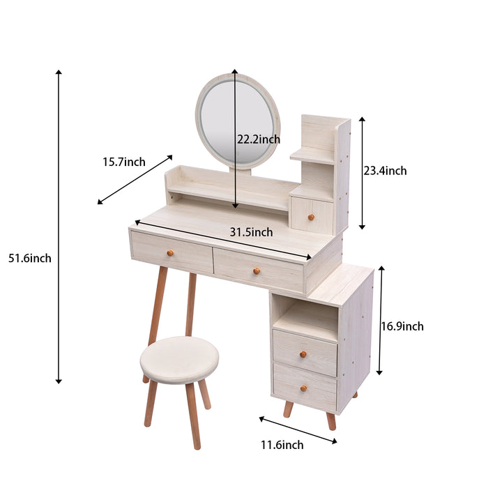 CRAZY ELF Stylish Vanity Table + Cushioned Stool, Touch Control LED Mirror, Large Capacity Storage Cabinet, 5 Drawers, Fashionable Makeup Furniture, Length Adjustable(L31.5"-43.2"x W15.8" x H48.1")