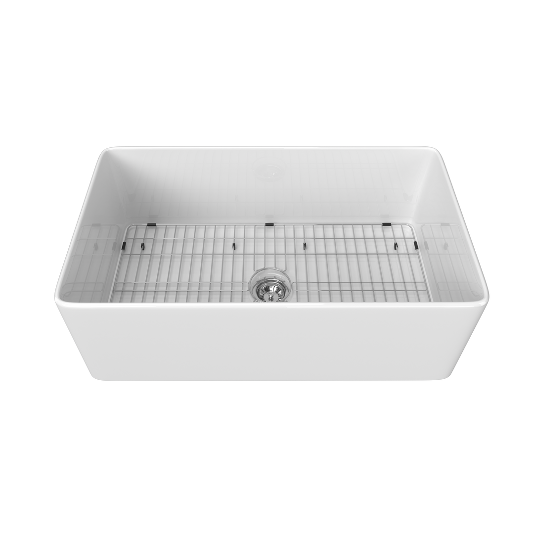 33  Inch Fireclay Farmhouse Kitchen Sink White Single Bowl Apron Front Kitchen Sink, Bottom Grid and Kitchen Sink Drain Included