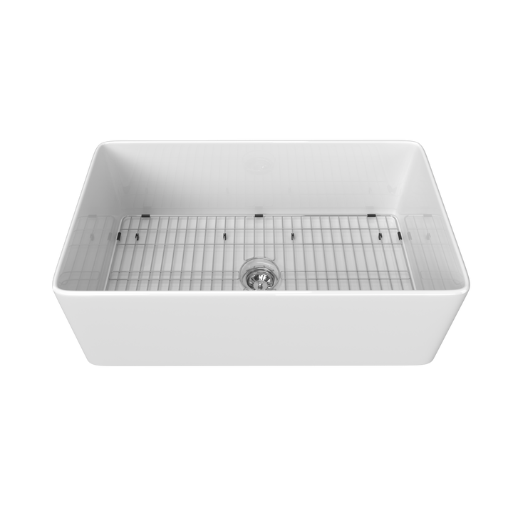 33  Inch Fireclay Farmhouse Kitchen Sink White Single Bowl Apron Front Kitchen Sink, Bottom Grid and Kitchen Sink Drain Included