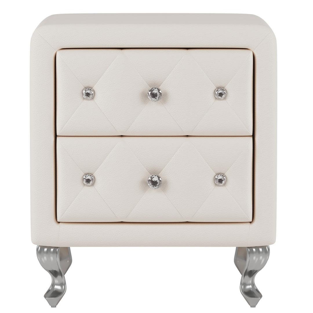 Elegant PU Nightstand with 2 Drawers and Crystal Handle,Fully Assembled Except Legs&Handles,Storage Bedside Table with Metal Legs - White