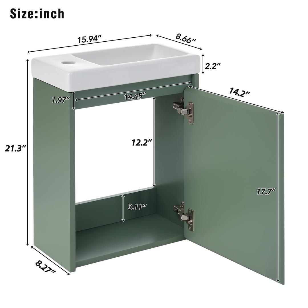 Elegant 16-Inch Green Bathroom Vanity Cabinet with Soft-Close Doors - Easy Assembly, Stylish Storage