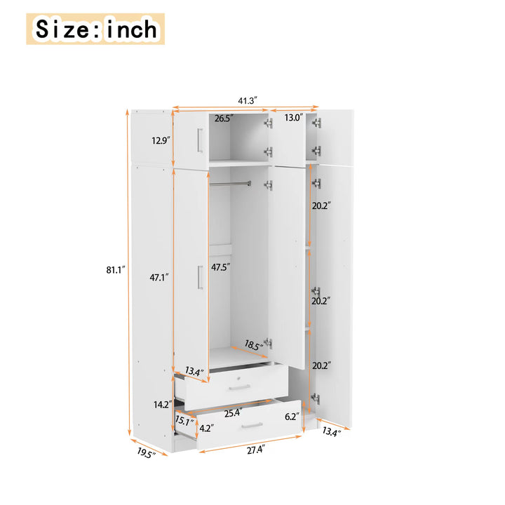 3-Door Mirror  Wardrobe with 2 Drawers and Top Cabinet,White