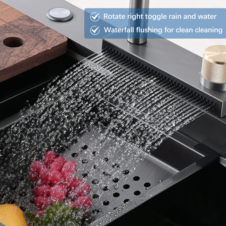 Kitchen Sink Flying rain Waterfall Kitchen Sink Set 30"x 18" 304 Stainless Steel Sink with Pull Down Faucet, and Accessories