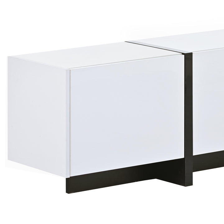 [VIDEO provided] ON-TREND White & Black Contemporary Rectangle Design TV Stand, Unique Style TV Console Table for TVs Up to 80'', Modern TV Cabinet with High Gloss UV Surface for Living Room.