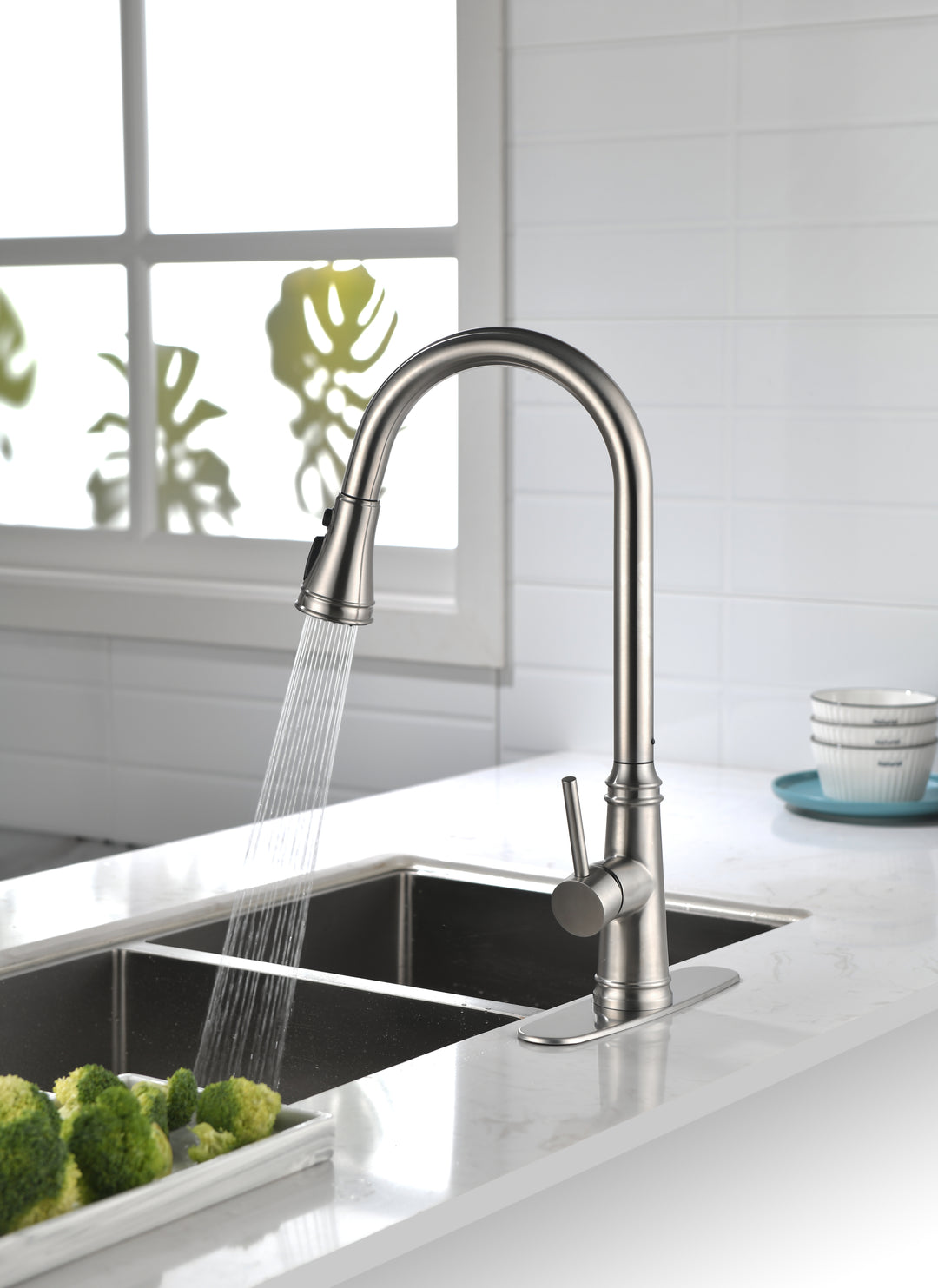 Single Handle High Arc Pull Out Kitchen Faucet,Single Level Stainless Steel Kitchen Sink Faucets with Pull Down Sprayer