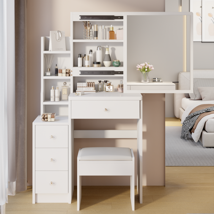 Small Space Left Bedside Cabinet Vanity Table + Cushioned Stool, Extra Large Right sliding mirror, Multi Layer High Capacity Storage, Practical Fashionable Dresser, Suitable for Girls Up To 5.6ft Tall