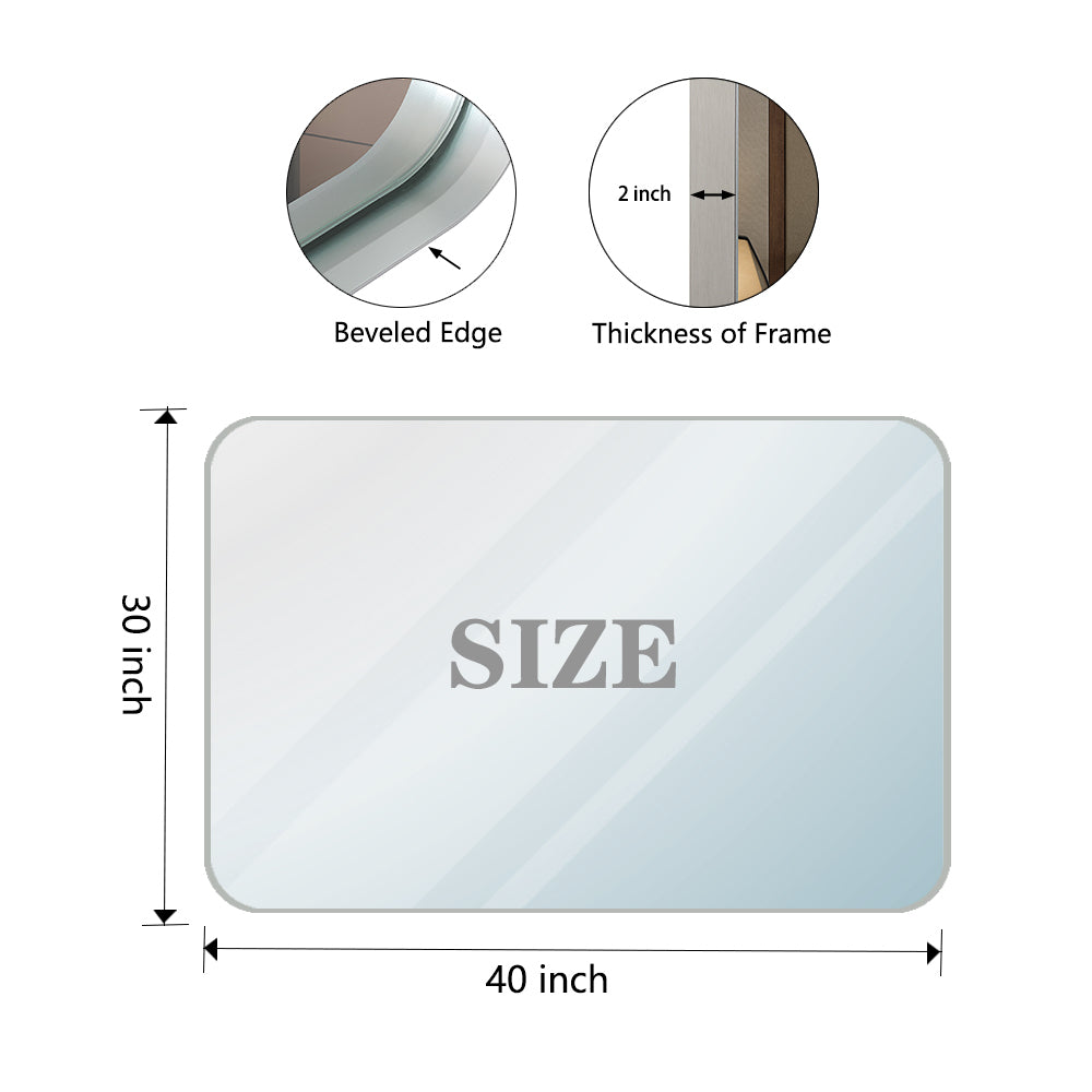 40x30inch Brushed Silver Rounded Corner Rectangle Bathroom Mirror For Wall Metal Frame Wall Mounted Bathroom Mirror Vanity Bathroom Mirror(Horizontal & Vertical)