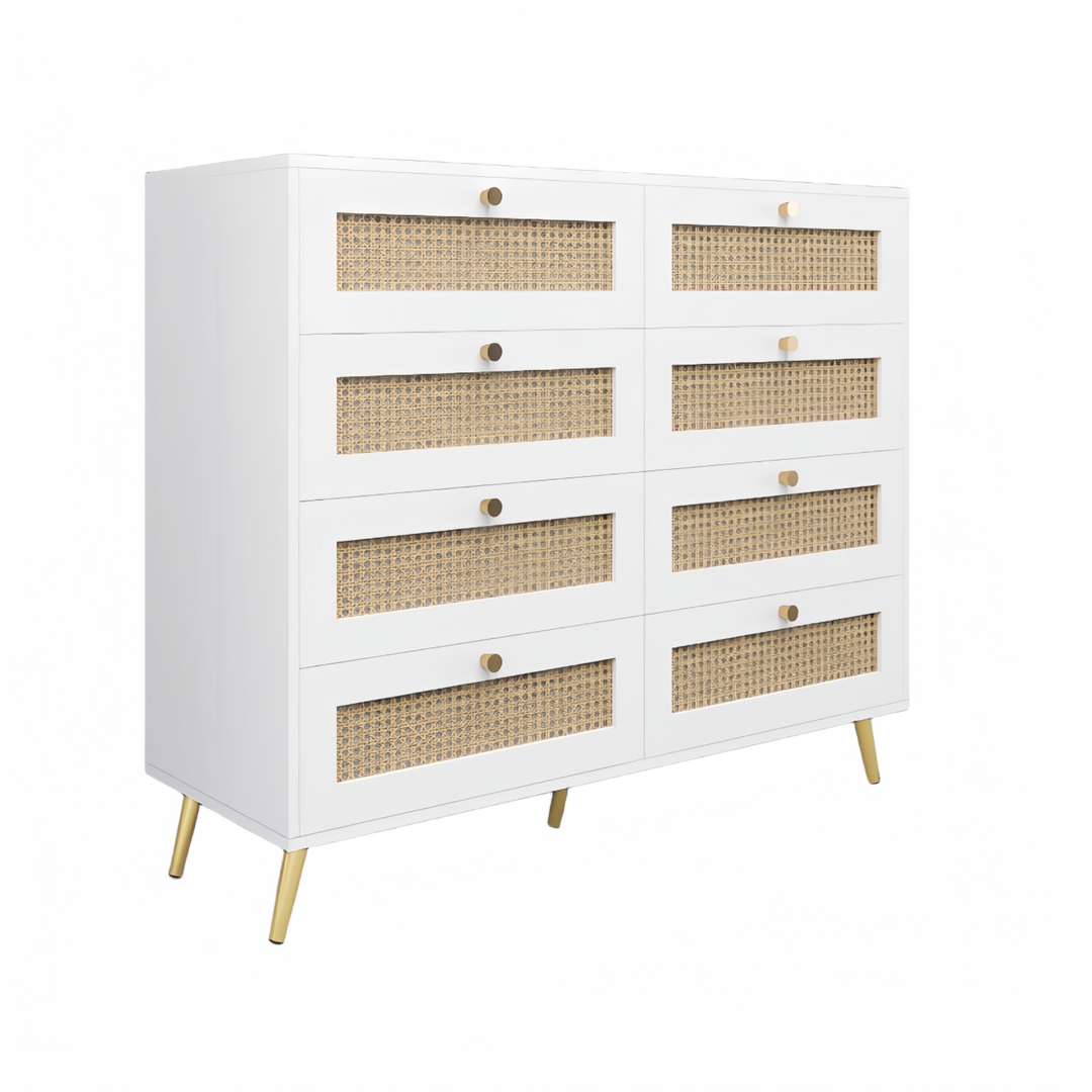 White Color 8 Drawers Chest of Drawers with Rattan Drawer Face Golden Legs and Handles