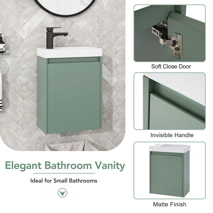 Elegant 16-Inch Green Bathroom Vanity Cabinet with Soft-Close Doors - Easy Assembly, Stylish Storage