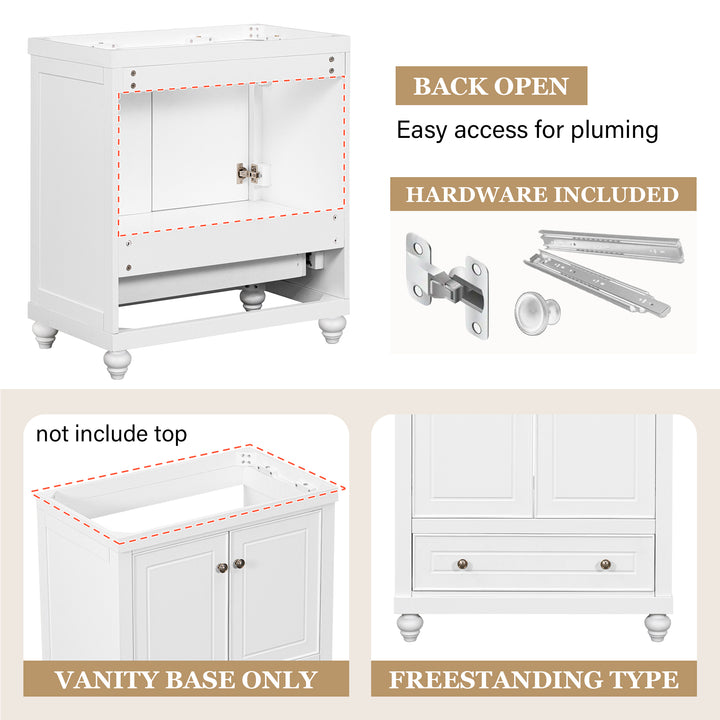 30" Bathroom Vanity without Sink, Base Only, Cabinet with Doors and Drawer, Solid Frame and MDF Board, White