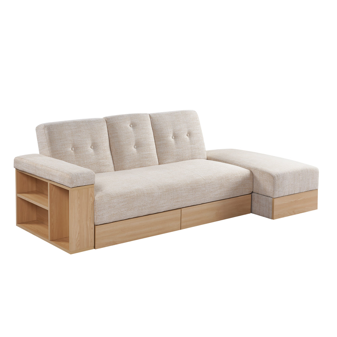 Multi-functional sofa, can sit, lie down, with storage box and drawer, and the storage sofa arm which can be used as tea table and pedal-beige