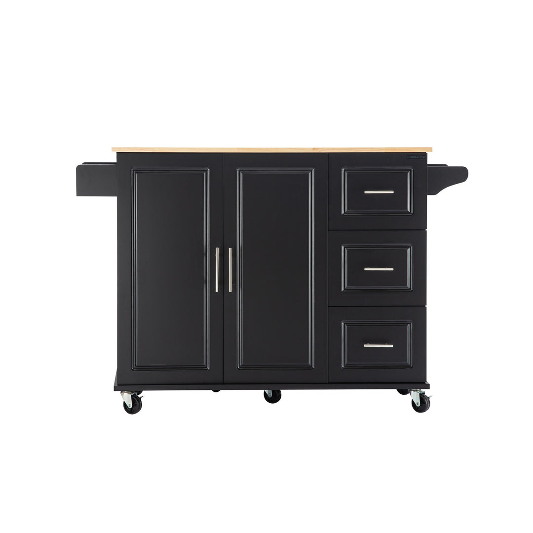 Kitchen Island & Kitchen Cart, Mobile Kitehcn Island with Extensible Rubber Wood Table Top,adjustable Shelf Inside Cabinet for Different Utensils, 3 Big Drawers, with Spice Rack, Towel Rack, Black-Bee