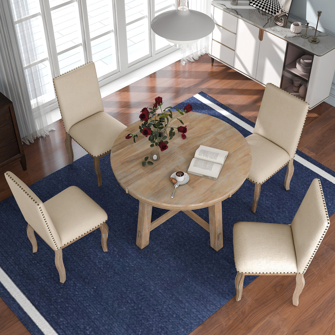 TREXM 5-Piece Farmhouse Dining Table Set Wood Round Extendable Dining Table and 4 Upholstered Dining Chairs (Natural Wood Wash)