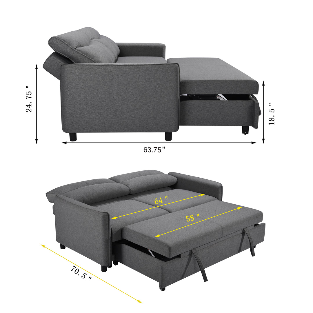 3 in 1 Convertible Sleeper Sofa Bed, Modern Fabric Loveseat Futon Sofa Couch w/Pullout Bed, Small Love Seat Lounge Sofa w/Reclining Backrest, Furniture for Living Room, Grey