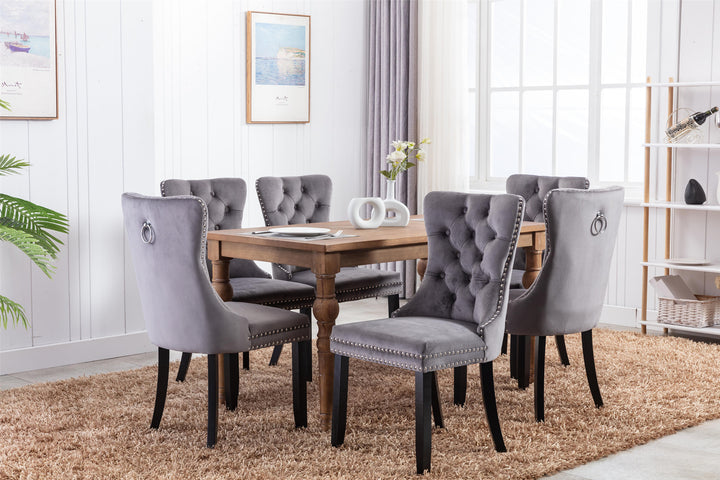 A&A Furniture,Nikki Collection Modern, High-end Tufted Solid Wood Contemporary Velvet Upholstered Dining Chair with Wood Legs Nailhead Trim  2-Pcs Set,Gray,SW1801GY