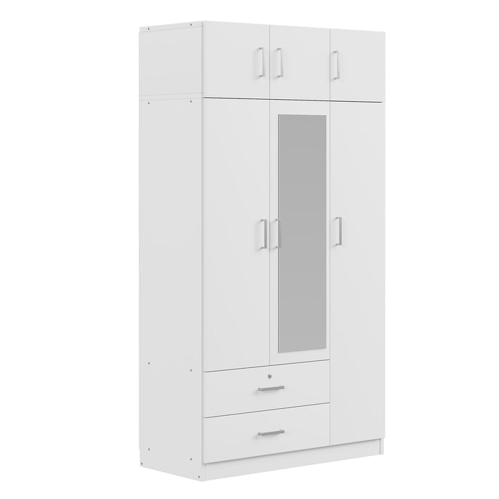 3-Door Mirror  Wardrobe with 2 Drawers and Top Cabinet,White