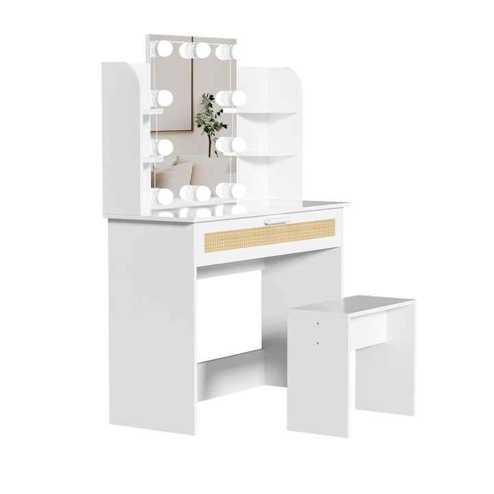 Vanity Desk Set Stool & Dressing Table with LED Lighting Mirror Drawer and Compartments Modern Wood Cosmetic Table Chest of Drawers White Color