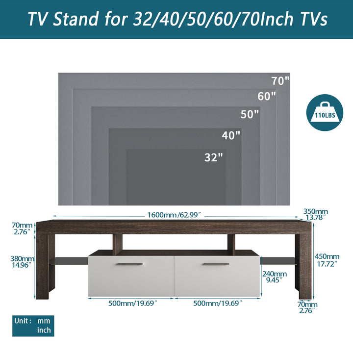 20 minutes quick assembly brown simple modern TV stand with the toughened glass shelf Floor cabinet Floor TV wall cabinet Brown + whiteTV bracket with LED Color Changing Lights for Living Room