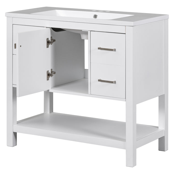 36" White Modern Bathroom Vanity with USB,Two Shallow Drawers, One Deep Drawer,One door,Single Resin Sink,Small Bathroom Organization Cabinet